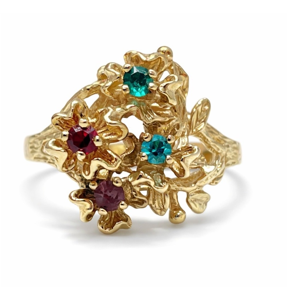 Vintage Gold plated Leaf Multi simulated Cluster Birthstone Size 7.75 retro Y2K